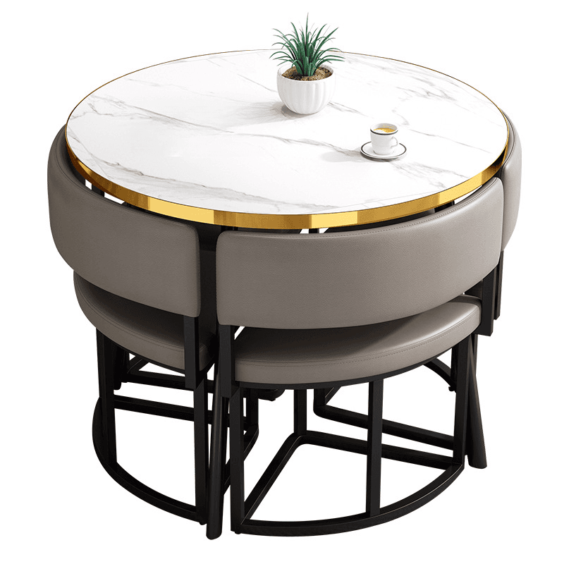 Art Deco Circular-shaped Upholstered Chair Metal & Faux Wood Dining Table Set with Upholstered Back in White, 5 Pieces - image 19
