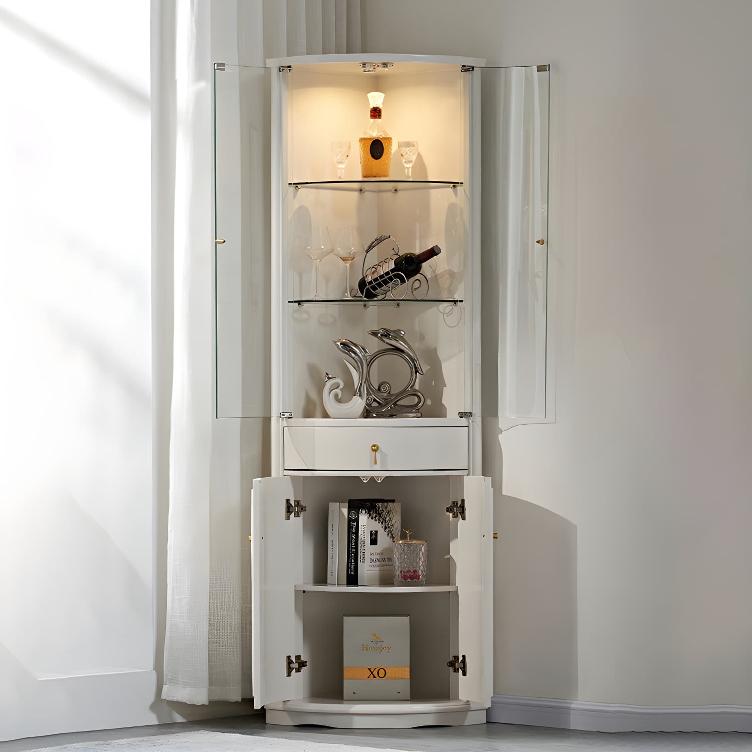 Corner Mid-Century Modern Accent Cabinet with Wood Countertop, Glass Doors, and Drawers Included - image 4