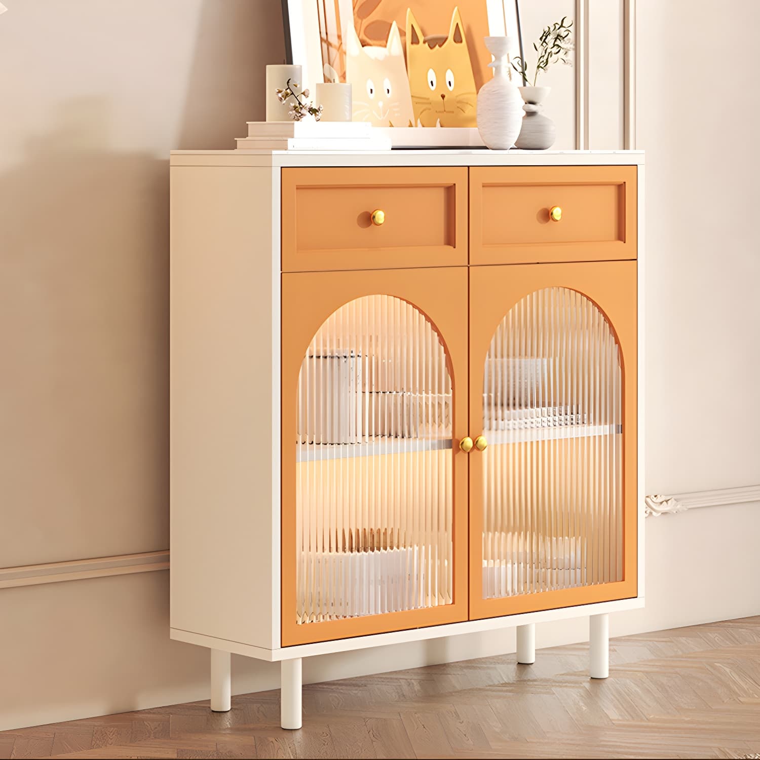 Wooden Buffet Server with Stone Countertop, Glass Doors, and Drawers