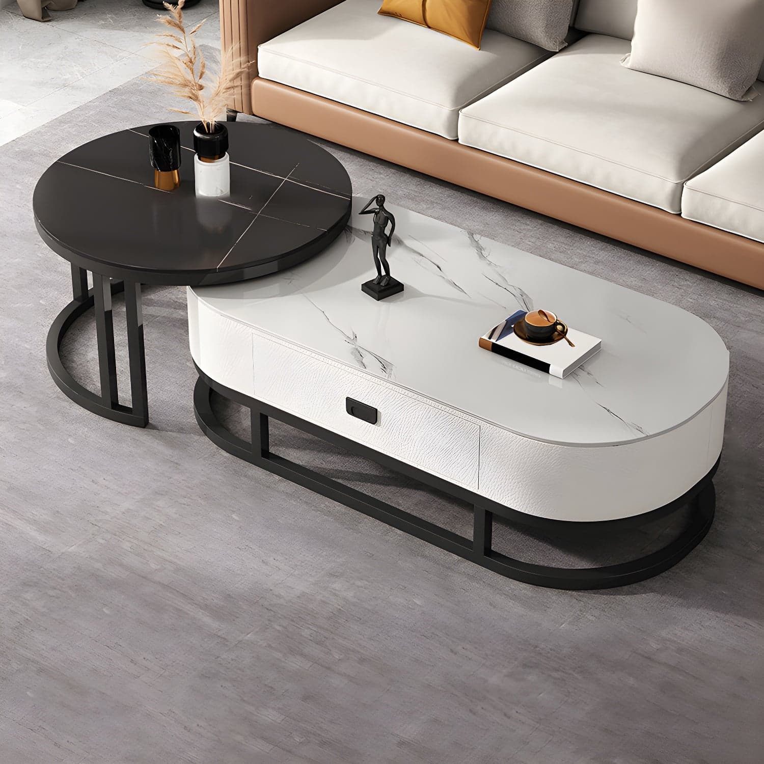Slate Coffee Table Oval Nesting Coffee Table Set with Metal Legs - image 4