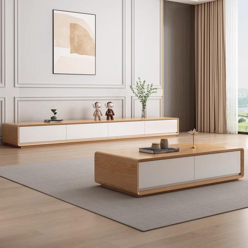 Contemporary Oblong Wood TV Stand in Natural and White with Drawers