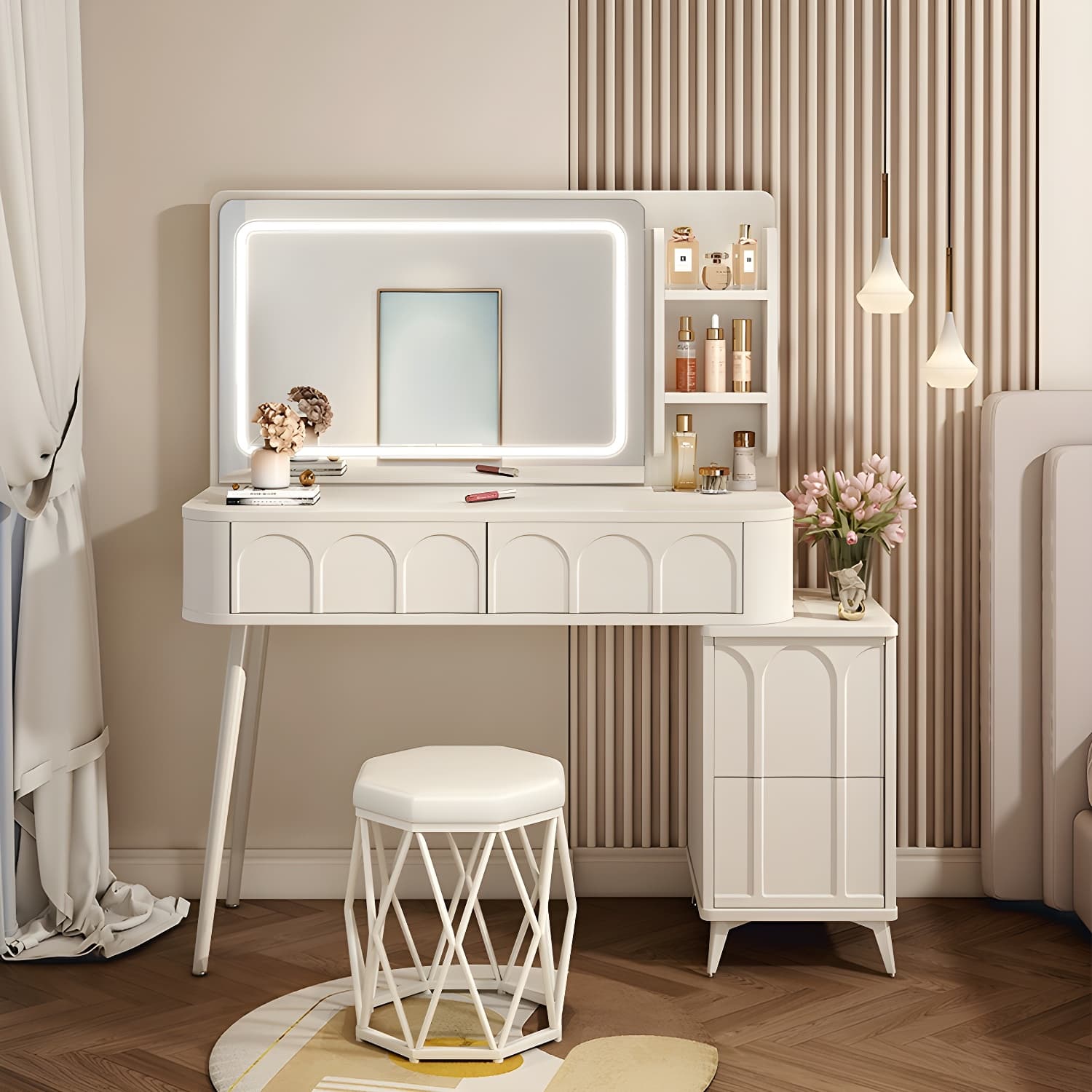Modern White Wood Makeup Vanity with Drawers, Mirror, and Soft Close Drawer Glides - image 3