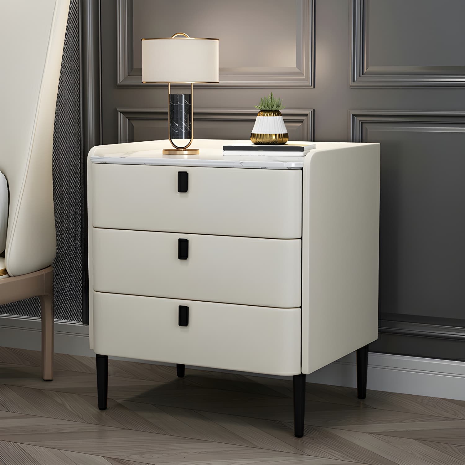 Glam Style Sintered Stone Top Drawer Storage Nightstand for Bedroom