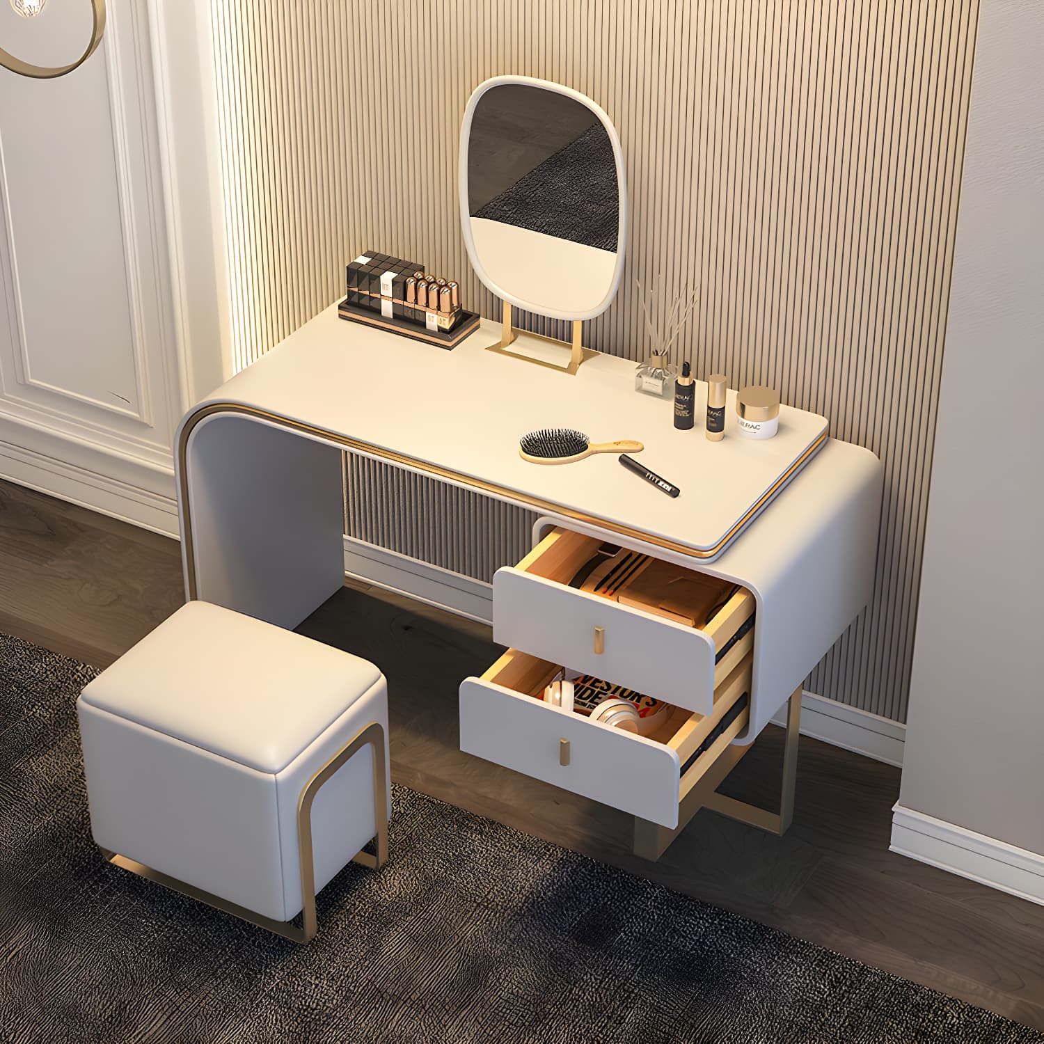 Glam Vanity Set With Drawer Leather Mirror Bedroom Make-up Vanity - image 14