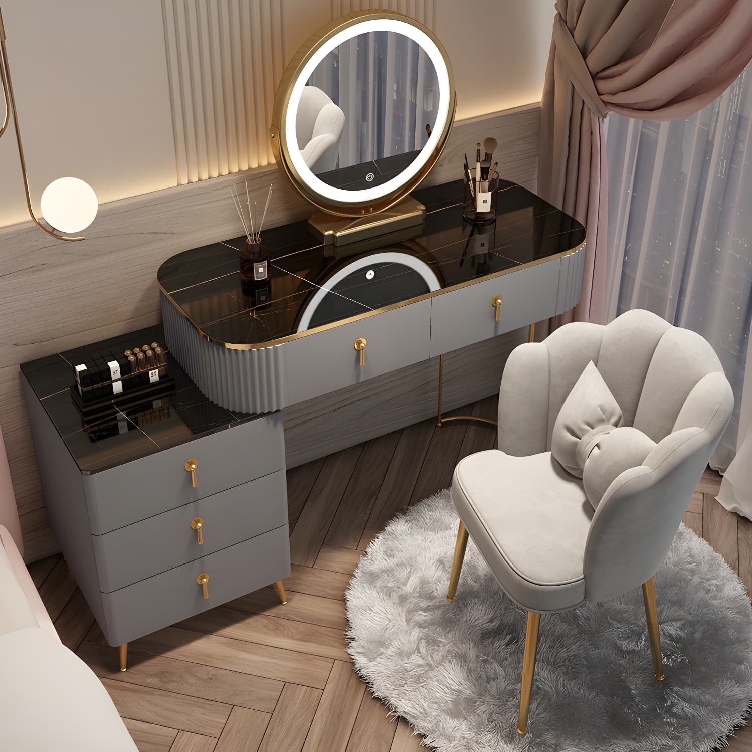 Contemporary Mirrored Wood Top Makeup Vanity Desk White/Gray Dressing Table - image 7