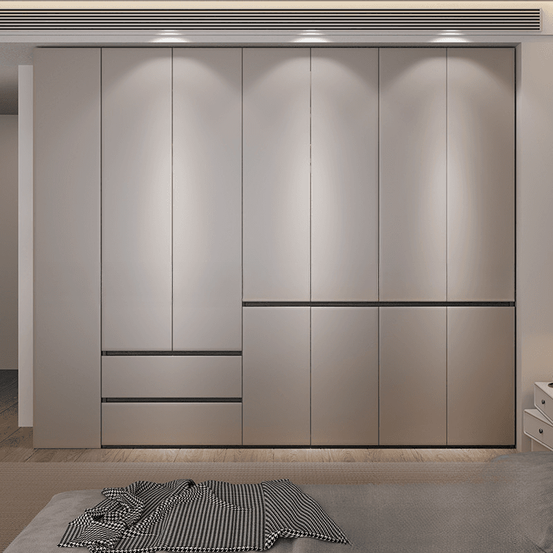 Sand Minimalist Laminate Cabinet Armoire with Soft Close Drawer, Soft Close Door, Interior Shelves, and Clothing Rod