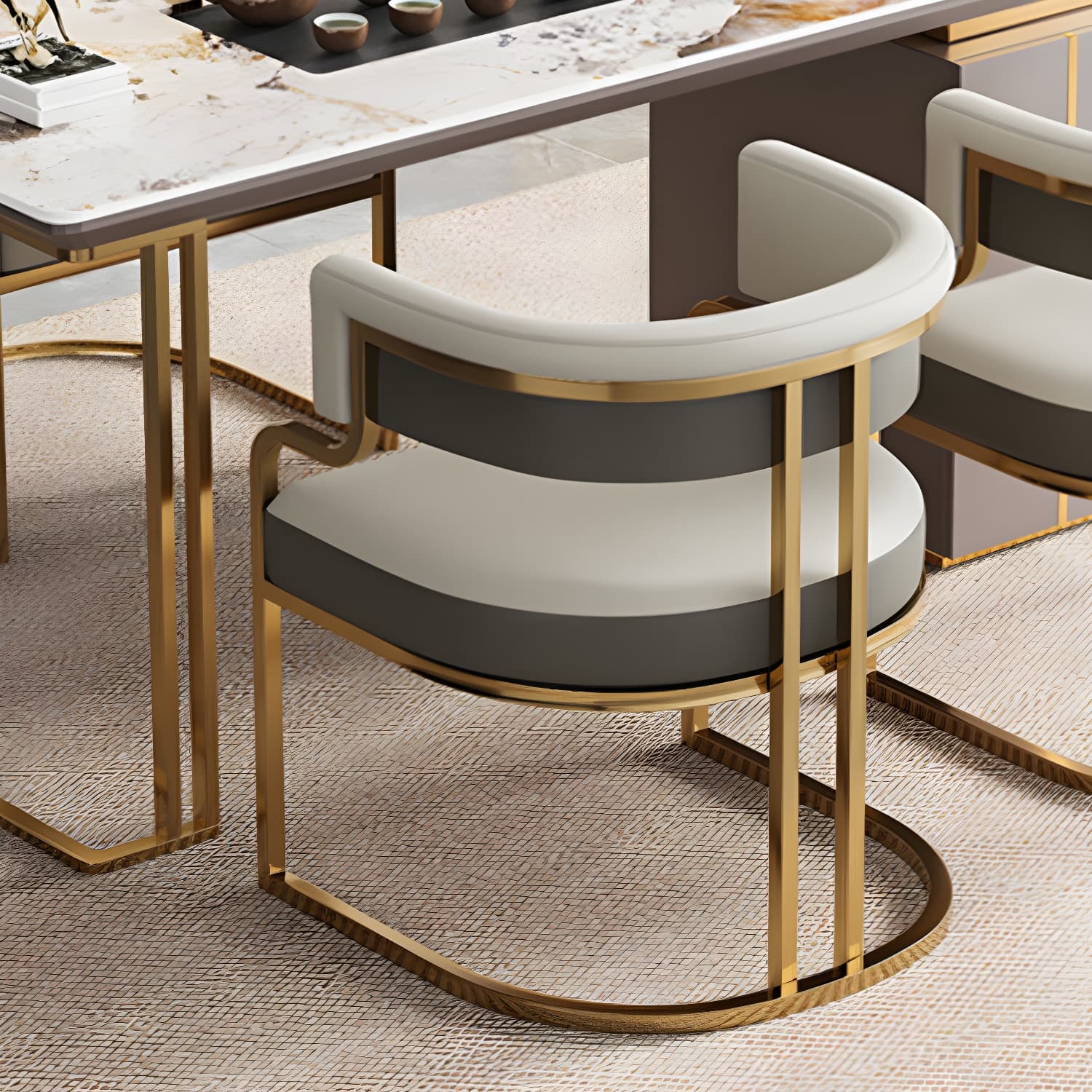 Upholstered Low-Back Arm Chair with Faux Leather and Brass/Gold Legs in Glam Style - image 25
