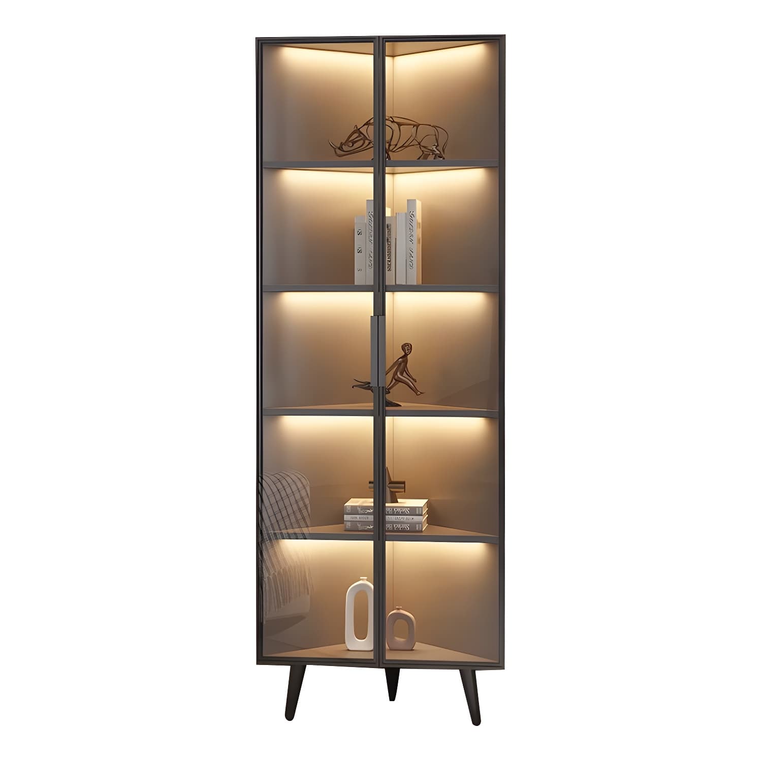 Modern Corner Accent Cabinet with Glass Doors and Metal Base without Light - image 6