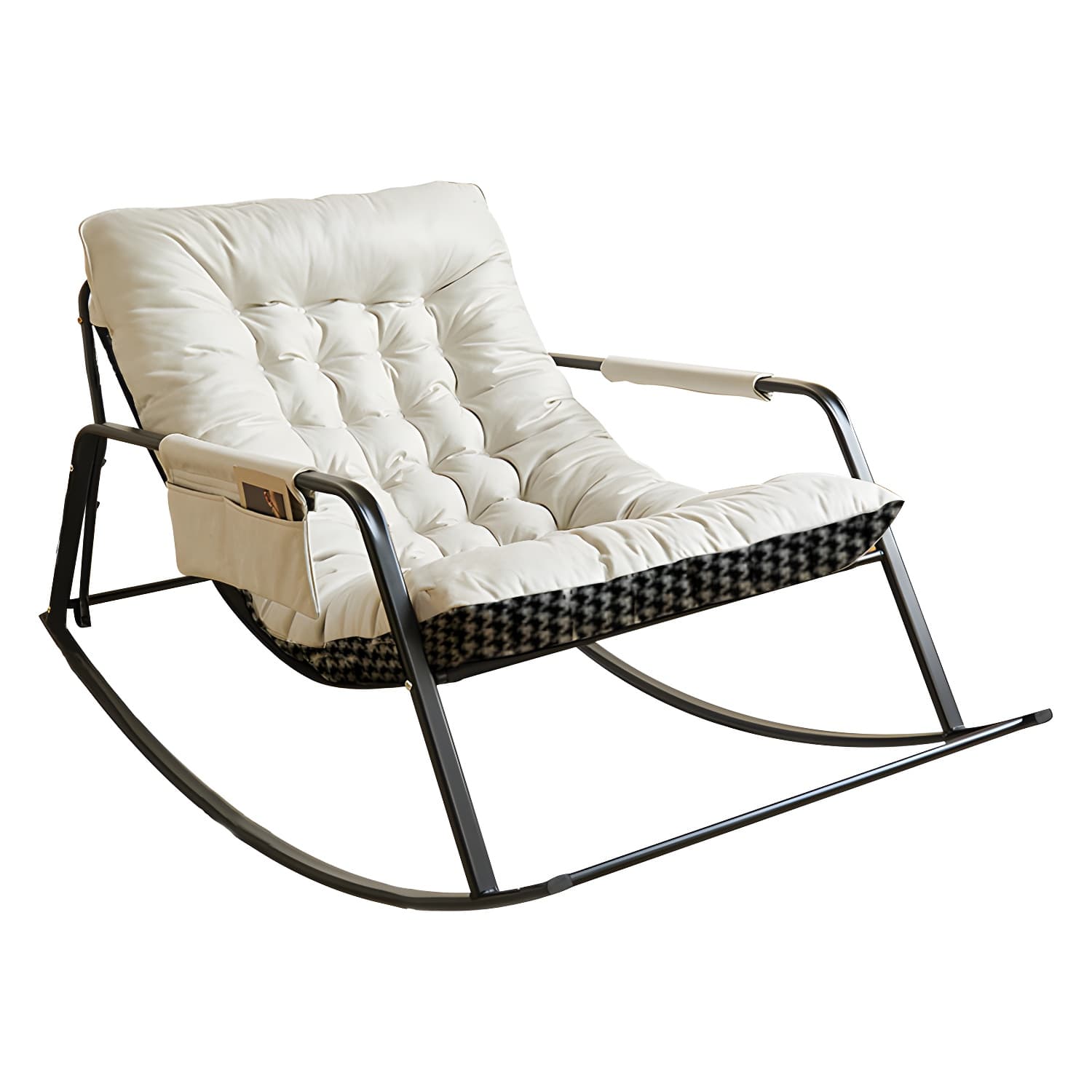 Stylish Modern Upholstered Rocking Chair with Black Metal Legs and Tufted Back