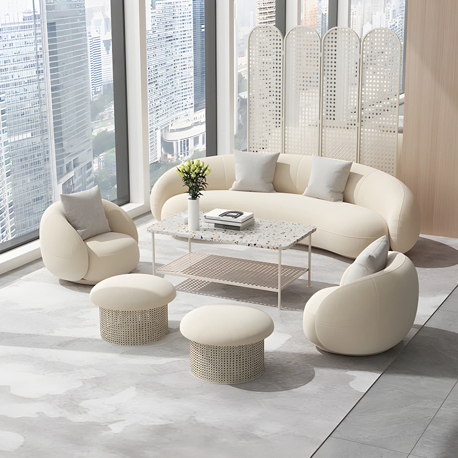 Beige Scandinavian Curved Sofa Tight Back Couch with Tuxedo Arm - image 5