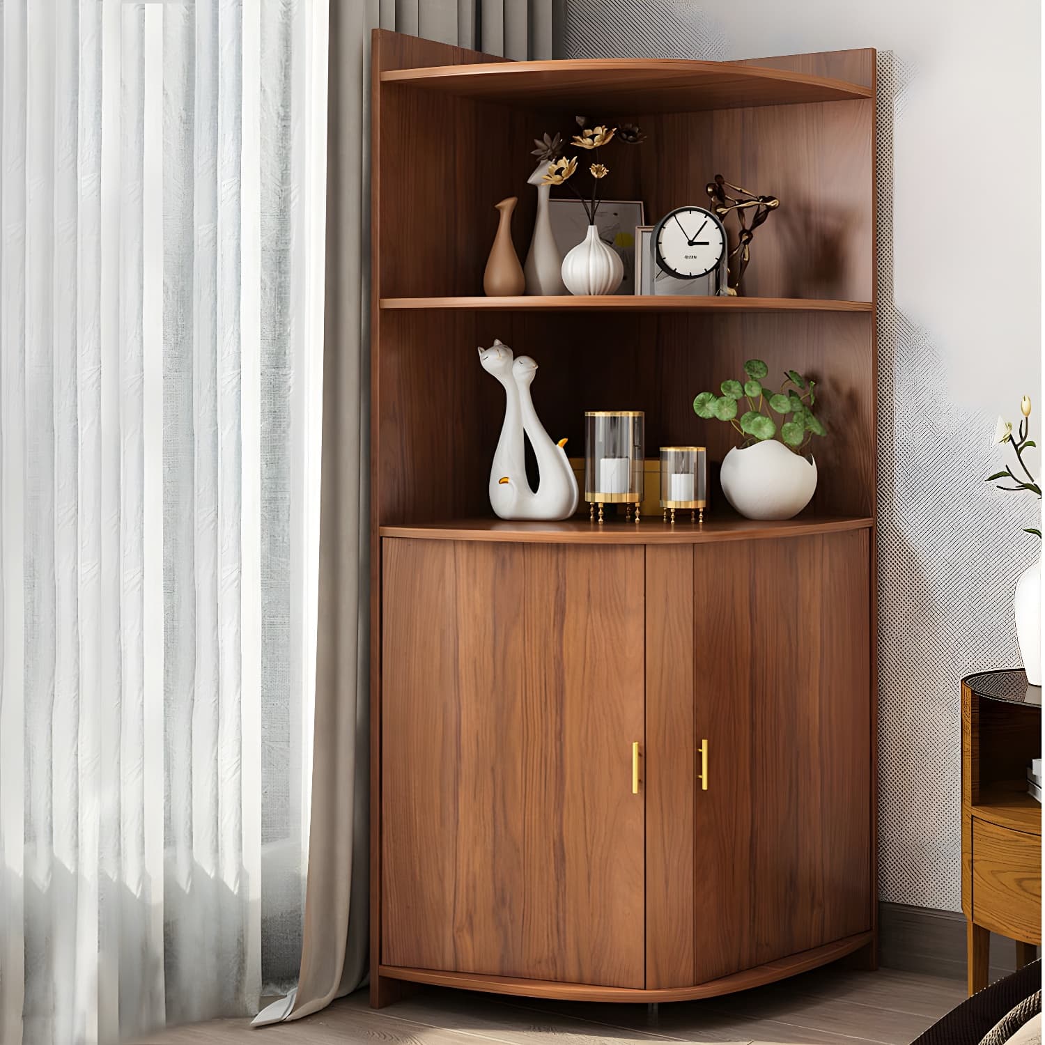 Corner Coastal Brown Wood Corner Accent Cabinet with 2 Shelves