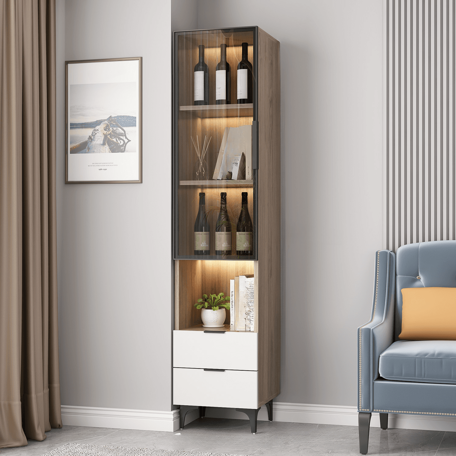 Rectangle Utility Cabinet with Locker, Glass Door, Pull Bars, White/Espresso/Off White Top, Soft Close Drawer, and Light