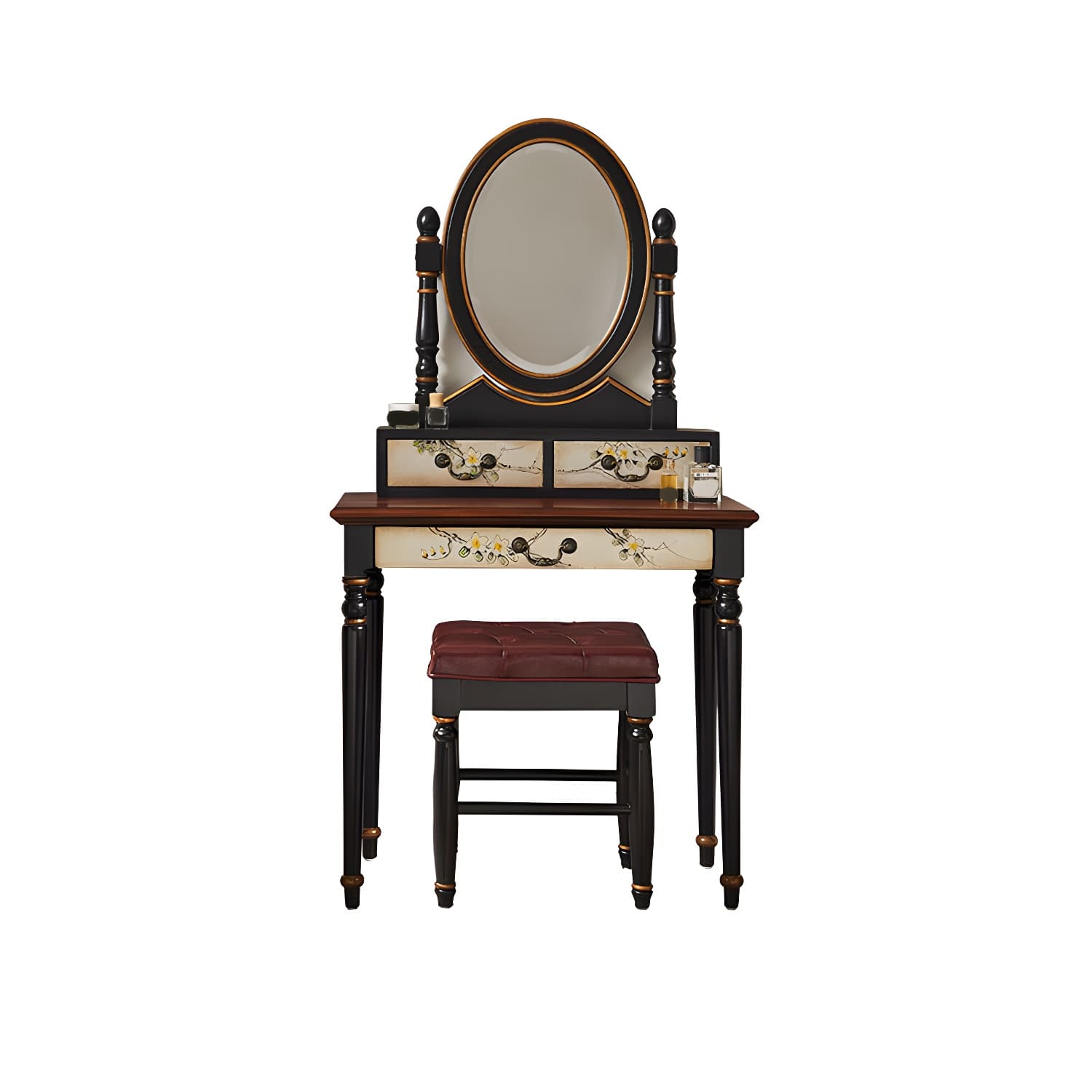 Victorian Vanity Set Solid Wood Drawers Included Makeup Dressing Table With Mirror & Stool - image 4
