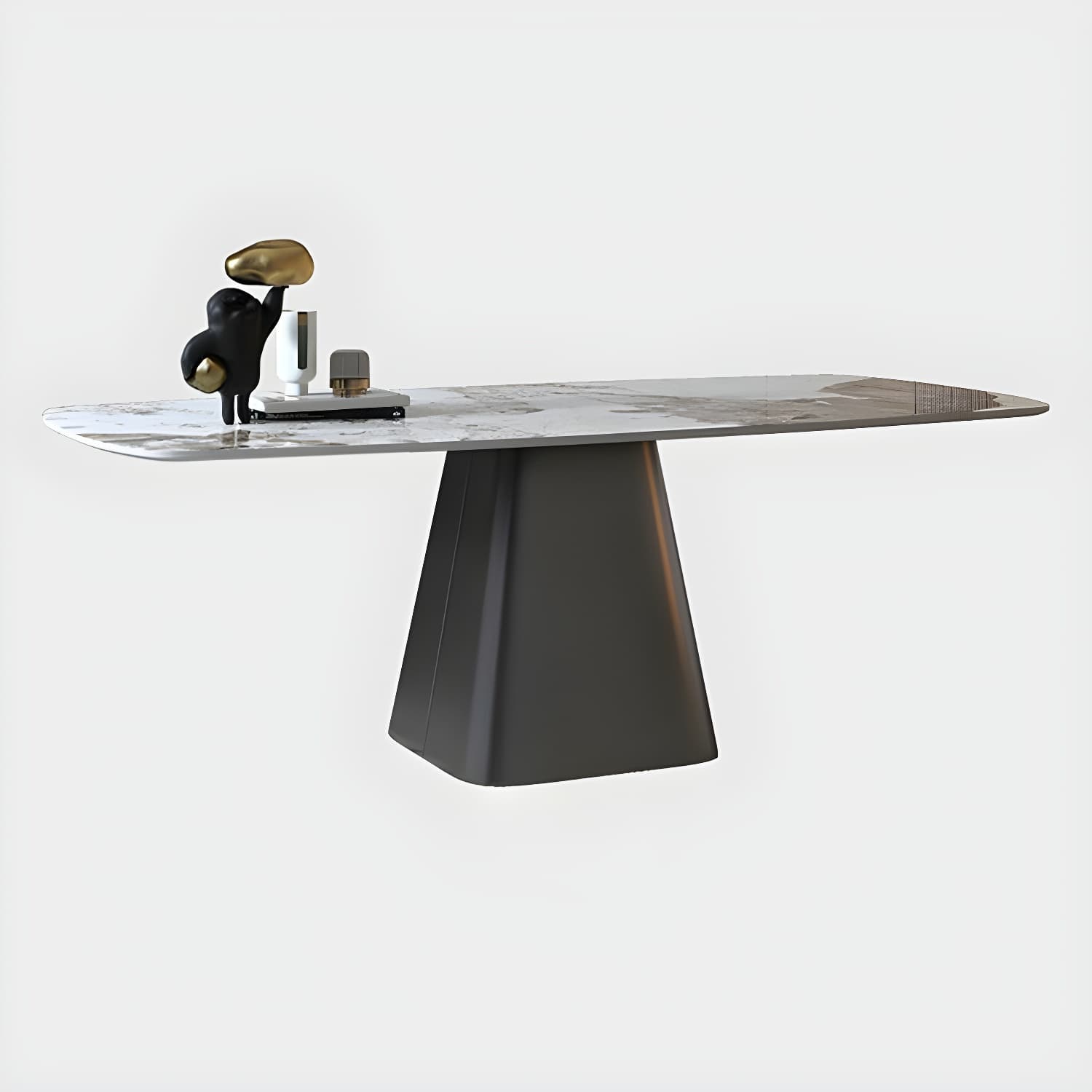 Rectangle White Stone Glam Dining Table with Steel Pedestal Base