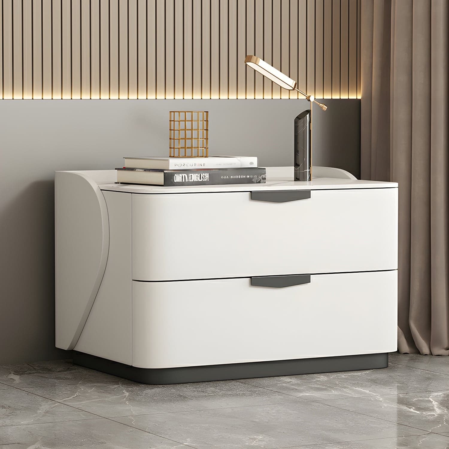 Modern Faux Leather Nightstand with Two Drawers in Light Wood - image 6