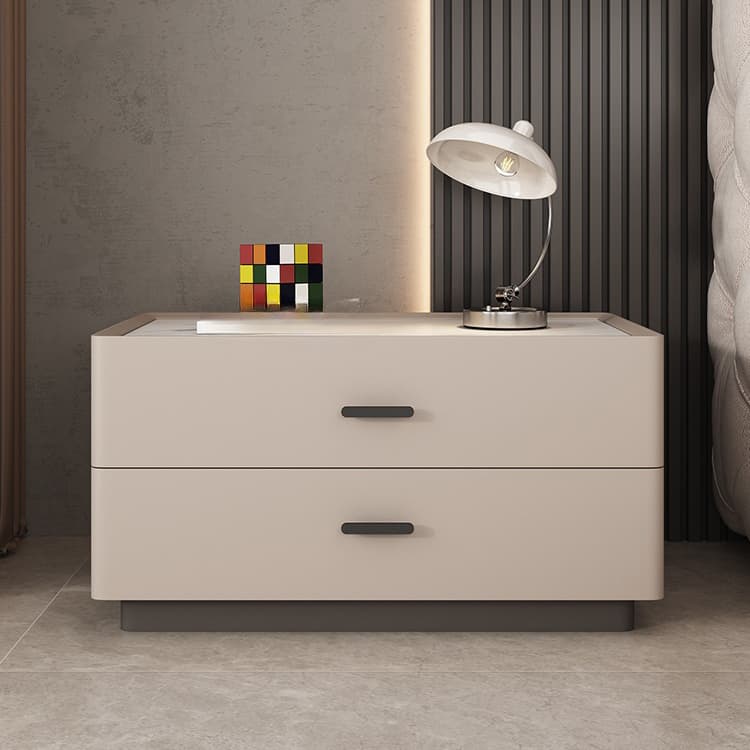 Elegant Two-Drawer Faux Leather Nightstand with Stone Countertop in Low Height for Modern Homes - image 9