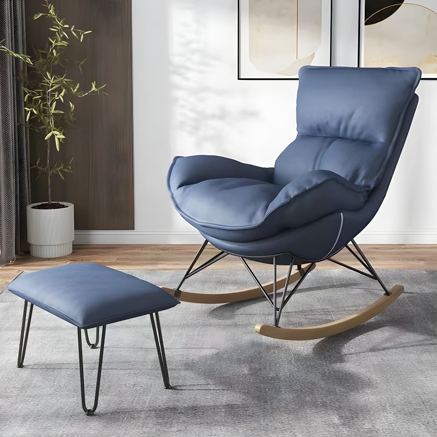 Modern Glider Chair Solid Pure Color Faux Leather Rocker Chair with Ottoman