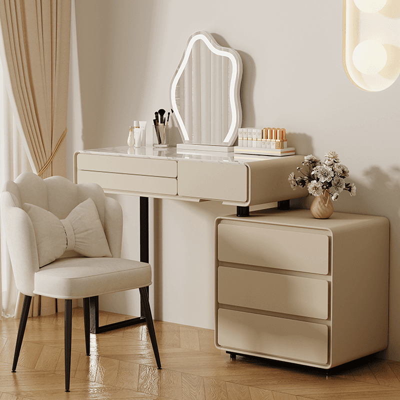 Large/Standard Vanity Set with Stone Table Top, White Seat, 9 Drawers/6 Drawers, Mirror Lights, and Scalable Design