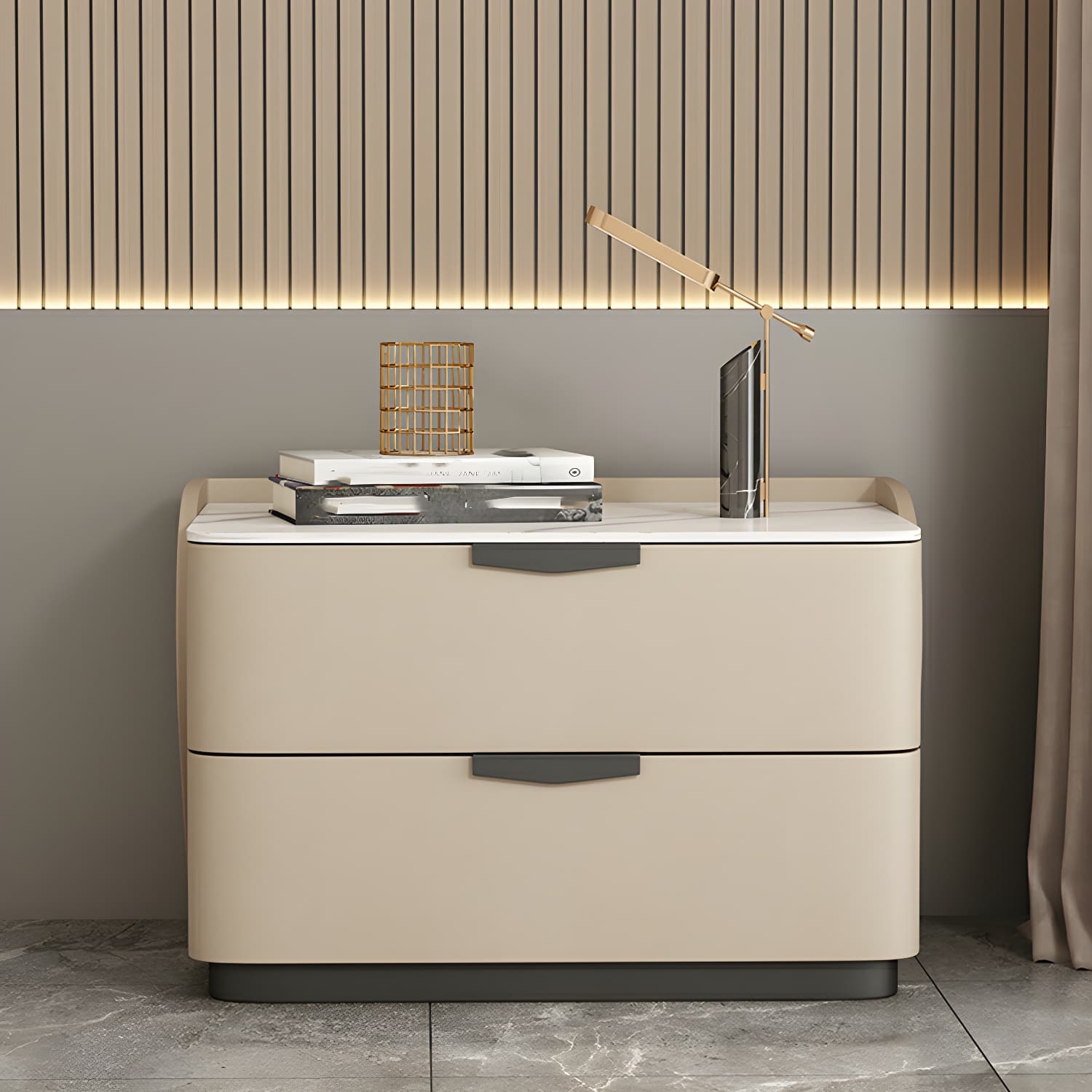 Modern Faux Leather Nightstand with Two Drawers in Light Wood - image 7