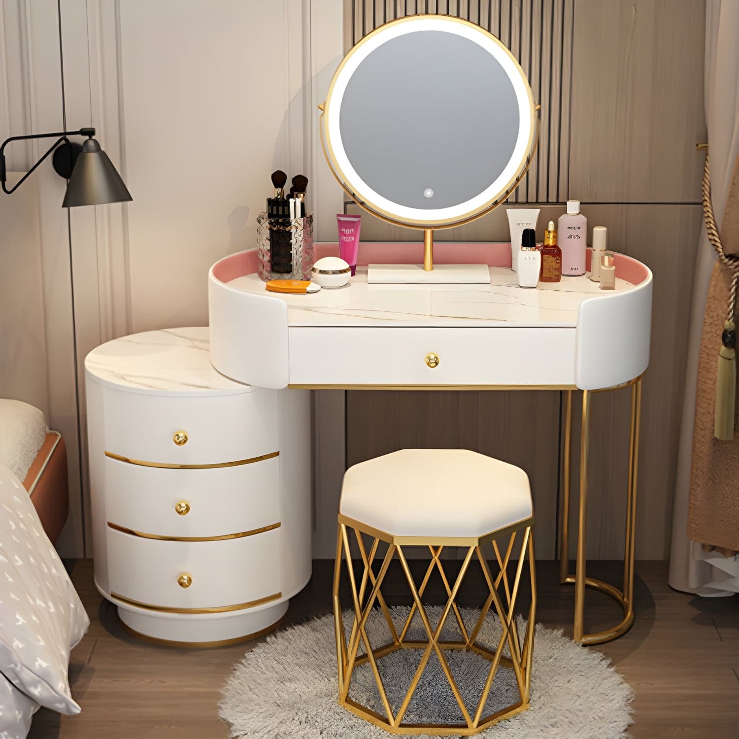 Lighted Mirror Makeup Counter Bedroom Makeup Vanity Desk Table with Drawer - image 5