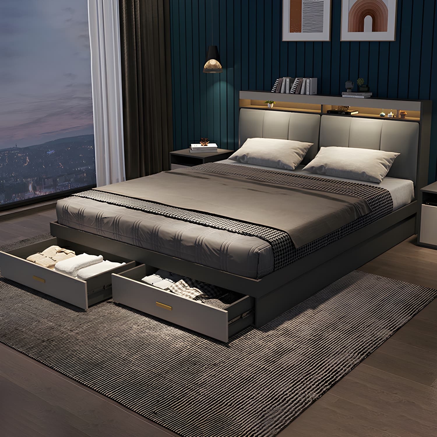 Modern Upholstered Headboard Bed with Storage and Patchwork Design - image 6