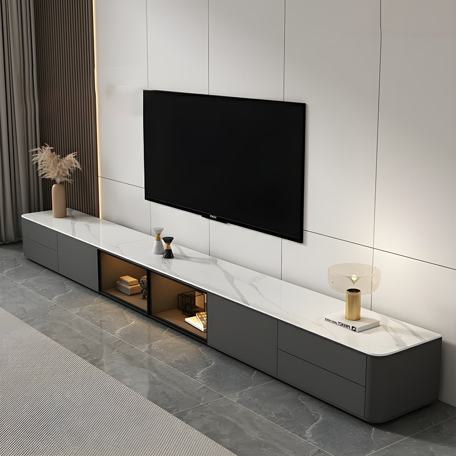 Grey Stone TV Stand with Drawers and Cabinet and No Cable Management for Modern-Style Long TVs - image 11