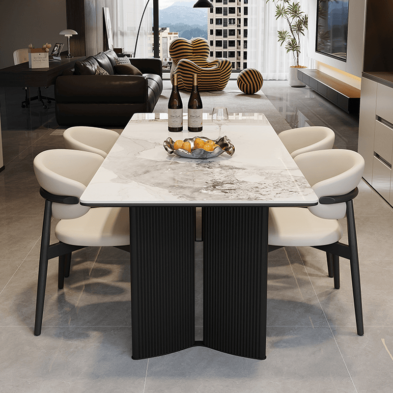 Dining Table Set with Rectangular Slate Stone Top and Two-sided Pedestal, Featuring Padded Chair with Back, 5-piece in White