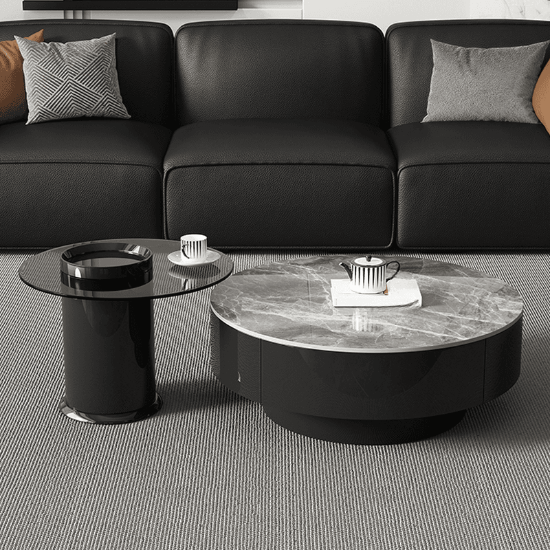 Elegant 1-Tier Circular-shaped Slate Side Table with Drum Base and Midnight Black Top, Includes 2 Drawers/1 Drawer - image 6