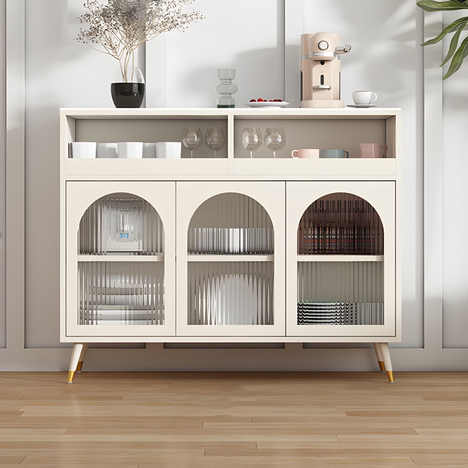 Modern Wood Buffet Sideboard with Stone Countertop and Glass Doors - image 12