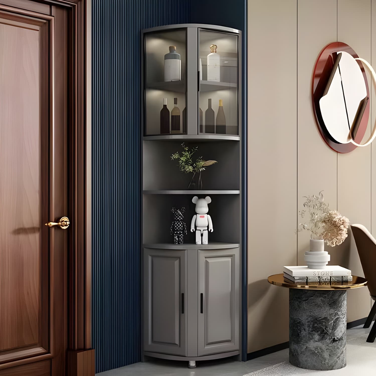 Gray Corner Accent Cabinet with Glass Doors and 8 Interior Shelves - image 3