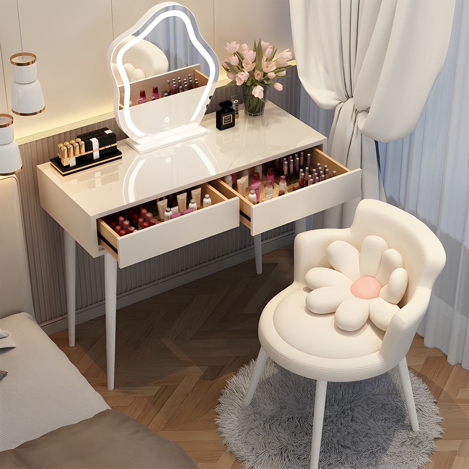 Contemporary Lighted Mirror Makeup Vanity Desk in Wood Vanity Dressing Table Set - image 6