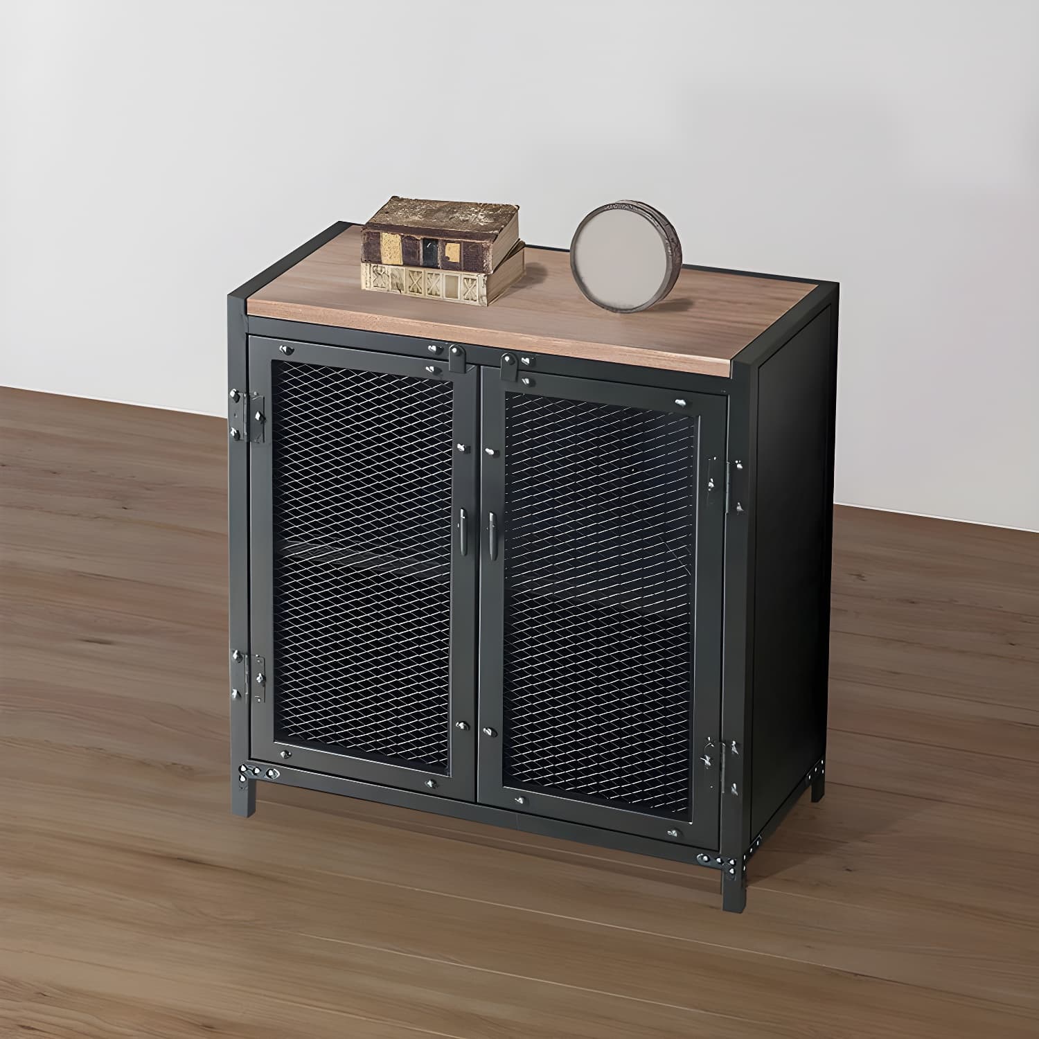 29.5" Tall Metal Accent Cabinet Industrial 2 - Door Chest with Wood Top
