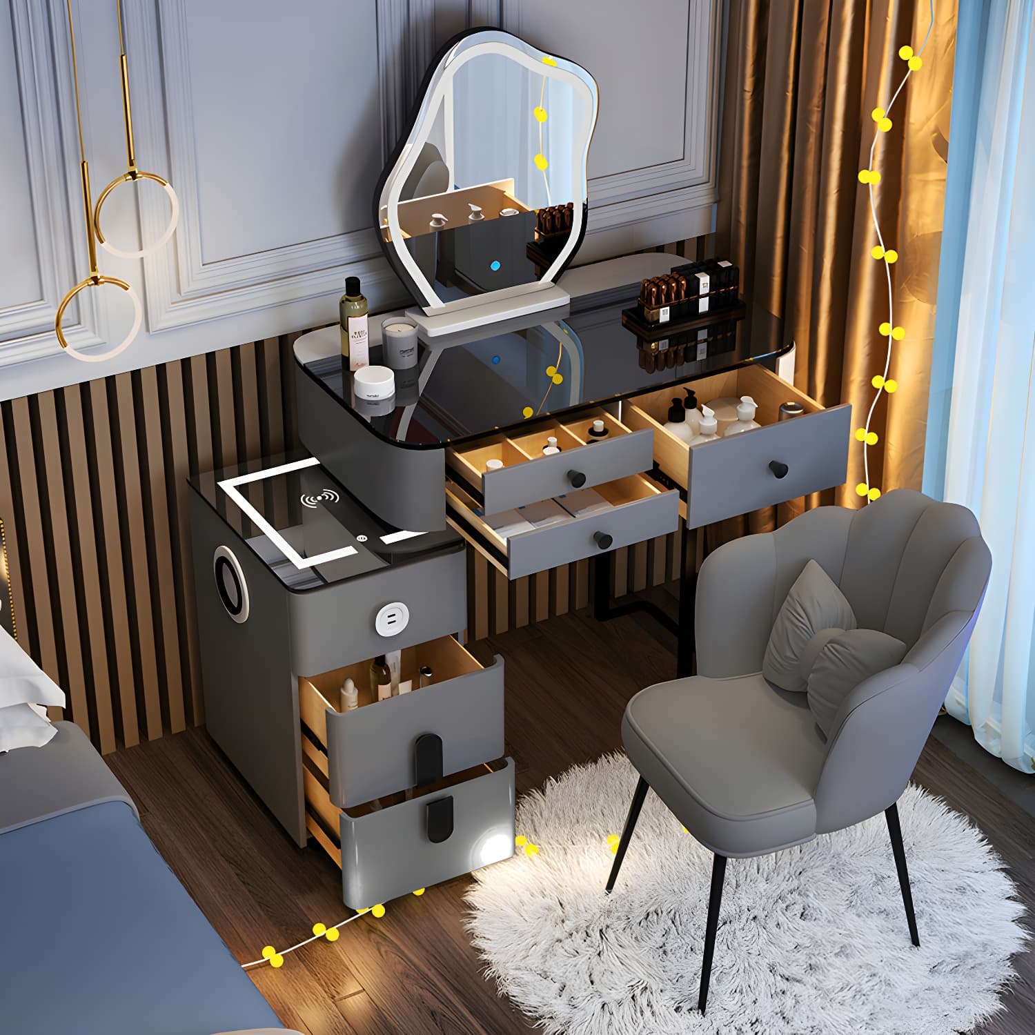Lighted Mirror Glass Top Makeup Vanity Dressing Table Stool Set with Drawers - image 6