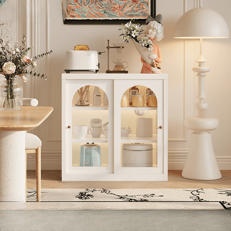 Simple Narrow Iron Countertop Sideboard with Cupboard, Glass Doors, and Changeable Shelf - image 5