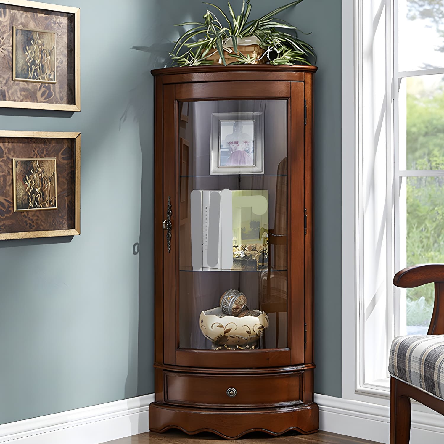 Glass Paned Solid Wood Corner Rustic Accent Cabinet with Doors