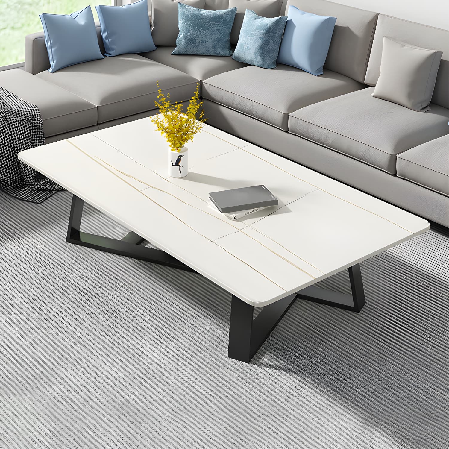 Stone and Metal Coffee Table Contemporary Coffee or End Table with Cross Legs - image 16