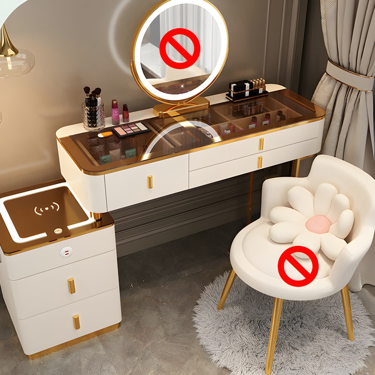 Glam Glass Top Mirrored Vanity Desk and Stool Set with 5 Drawers - image 4