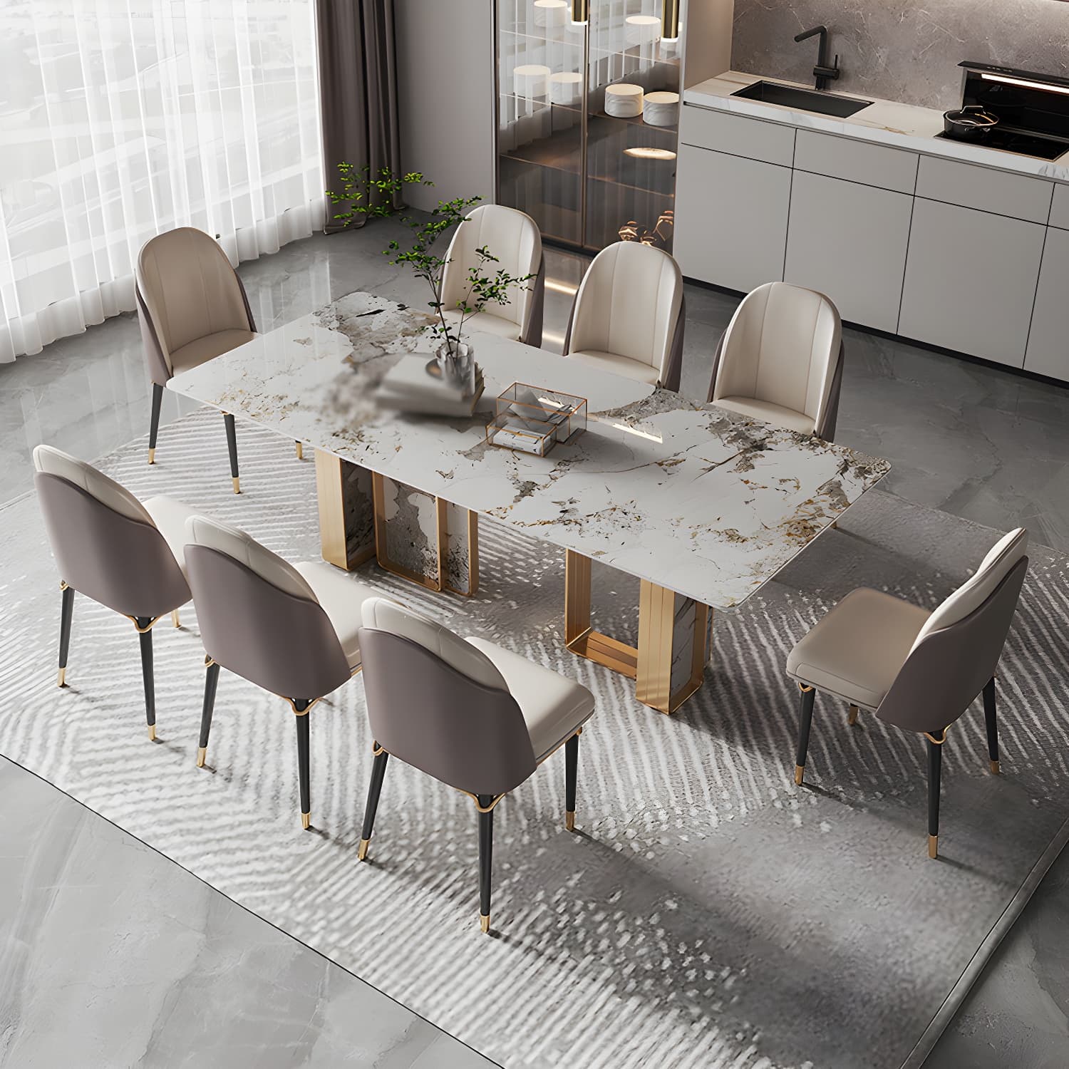 1/4/5/9 Pieces Rectangle Glam Furniture Stone Dining Table Set with Double Pedestal Base