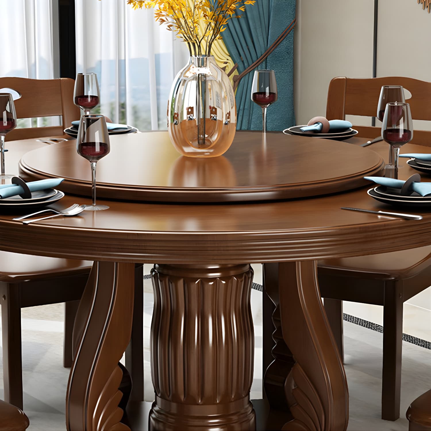 Contemporary Turntable Pedestal Dining Table Wood Dinner Table for Home - image 4