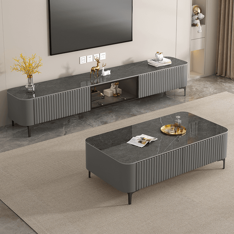 Simplistic Rectangular Vitreous TV Stand with Locker, Cable Management & 2 Drawers - image 7