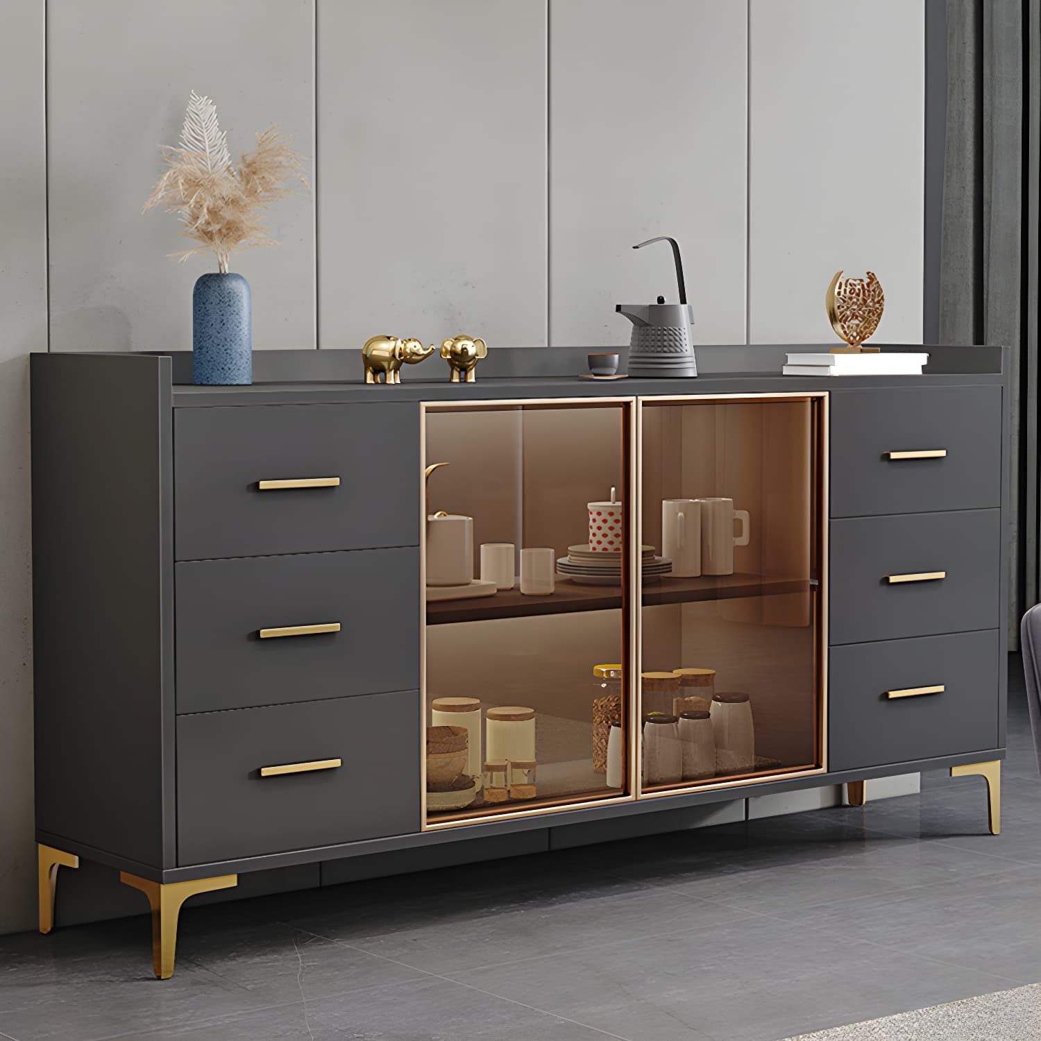 Wood Buffet Table Glam Style Side Board with Cabinets and Drawers - image 13