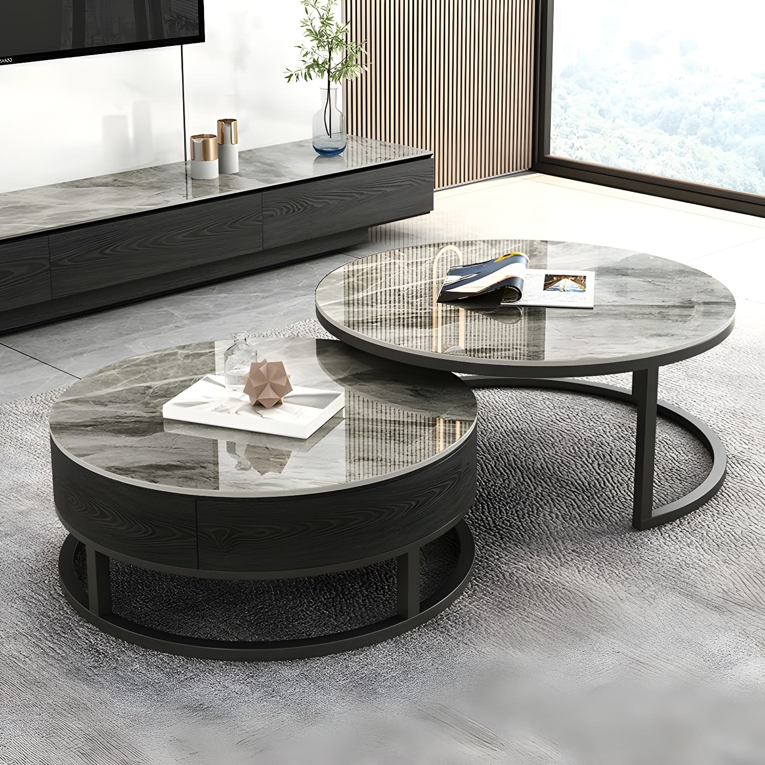 Set of 2 Round Stone Top Modern Nesting Tables with Black Metal Frames and Drawers Included - image 5