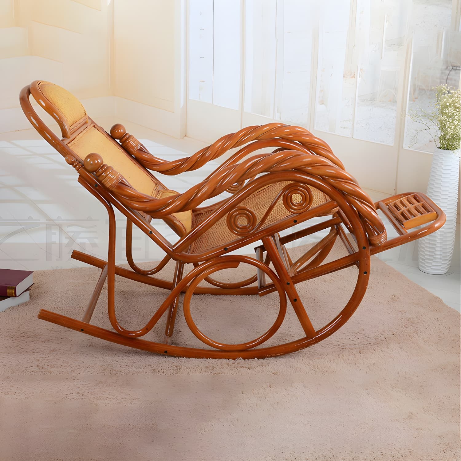 Traditional Rocking Chair Wicker Spindle Backrest Solid Color Indoor Rocking Chair - image 15