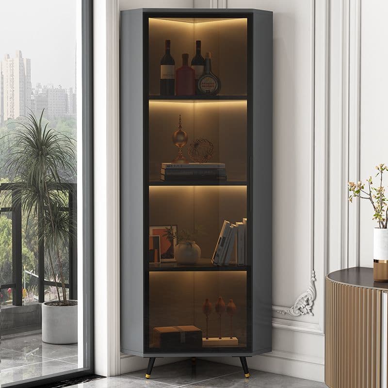 Contemporary Wood Corner Accent Cabinet with Clear Glass Doors, Metal Legs and Interior Shelves