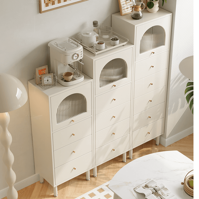 Chalk French Provincial Raw Wood Combo Dresser for Parlor with 5/6/4 Drawers and Hutch in Vertical Orientation