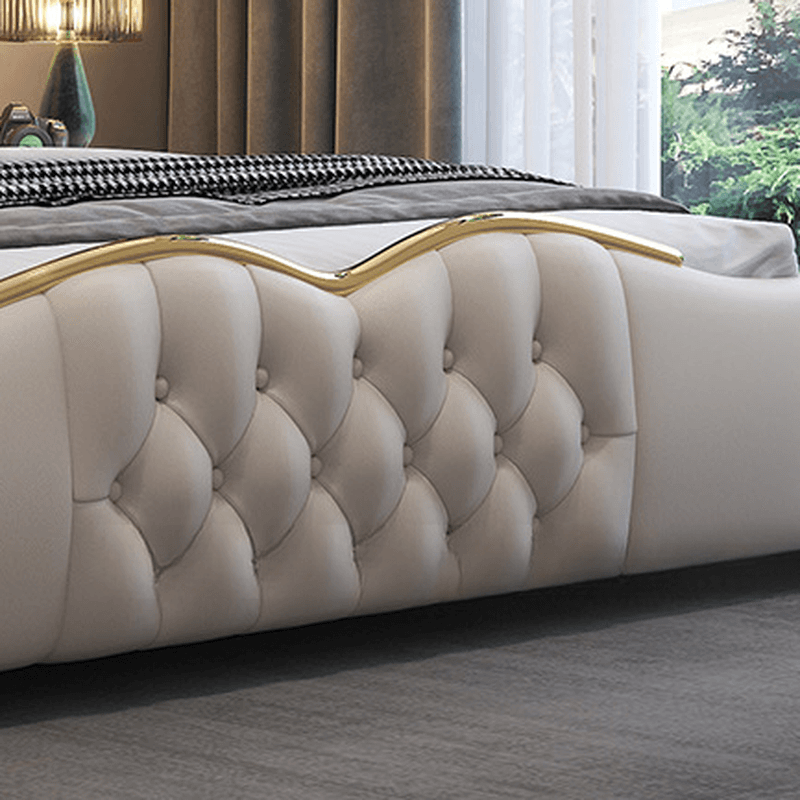 Beige Luxurious Solid Color Storage Bed/Platform Bed with Pine Wood Frame and Button-tufted Design for Living Room