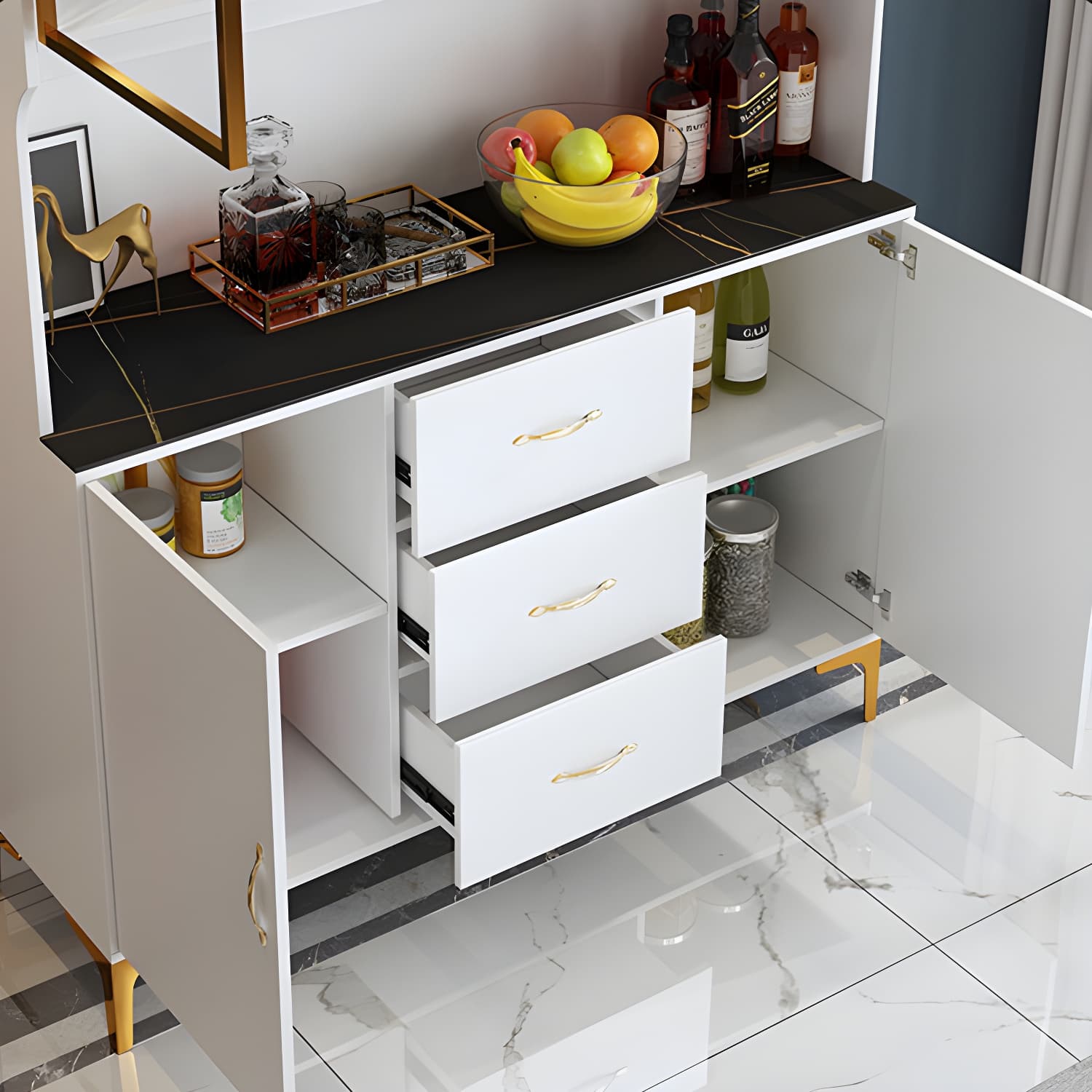 Modern Sideboard Wood Frame and Stone Top Sideboard with Door for Kitchen - image 10