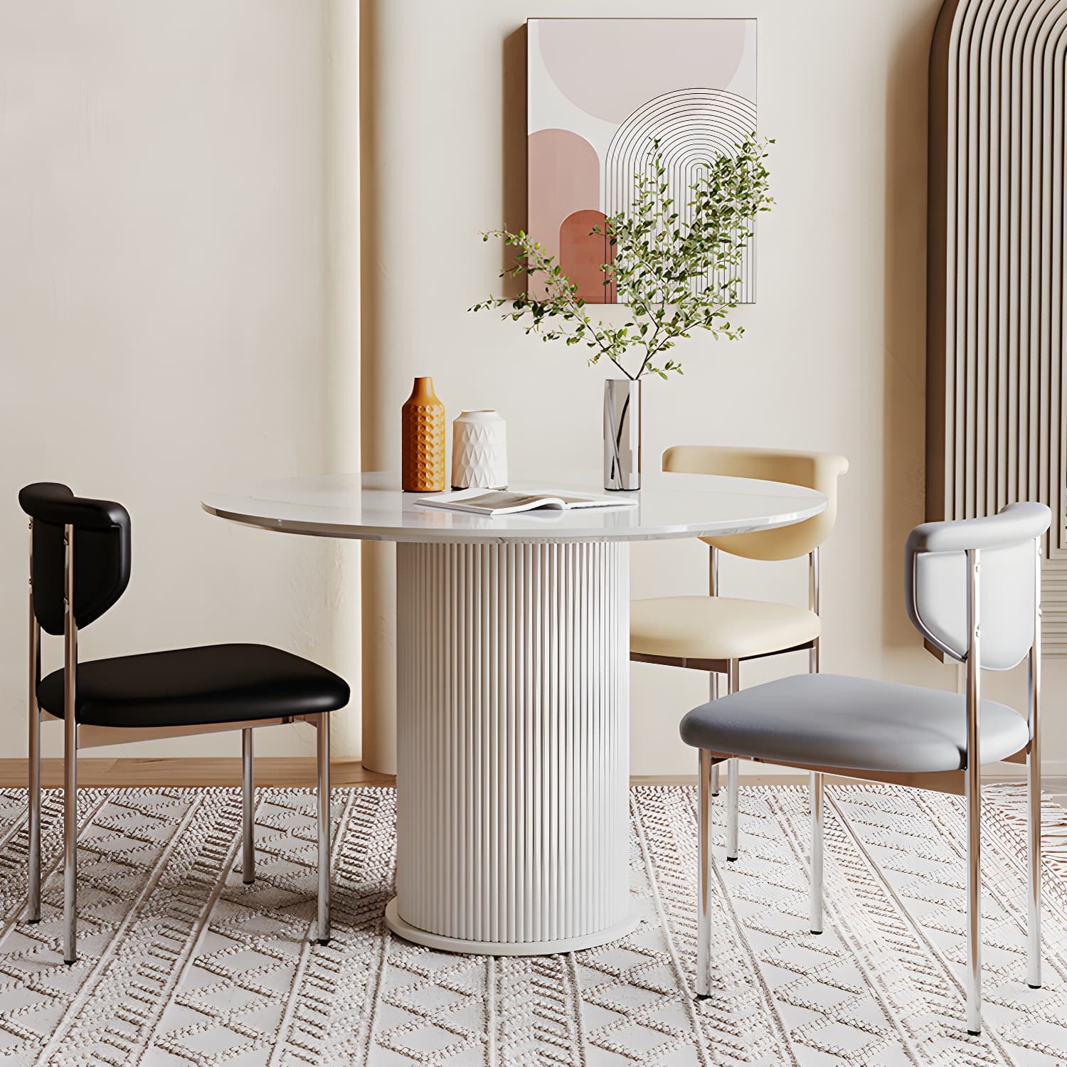 Round White Stone Modern Dining Table with White Steel Pedestal Base Standard Height - image 3