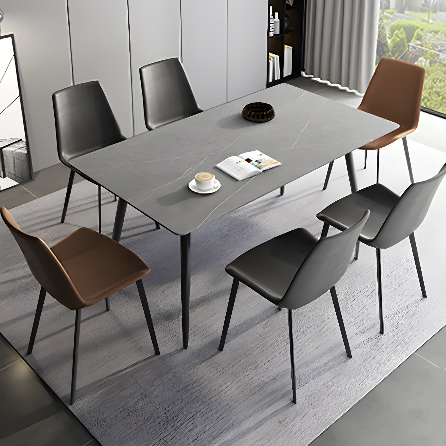 Stone Top Dining Table Rectangle Modern Dining Table with 4 Black Legs - image 3