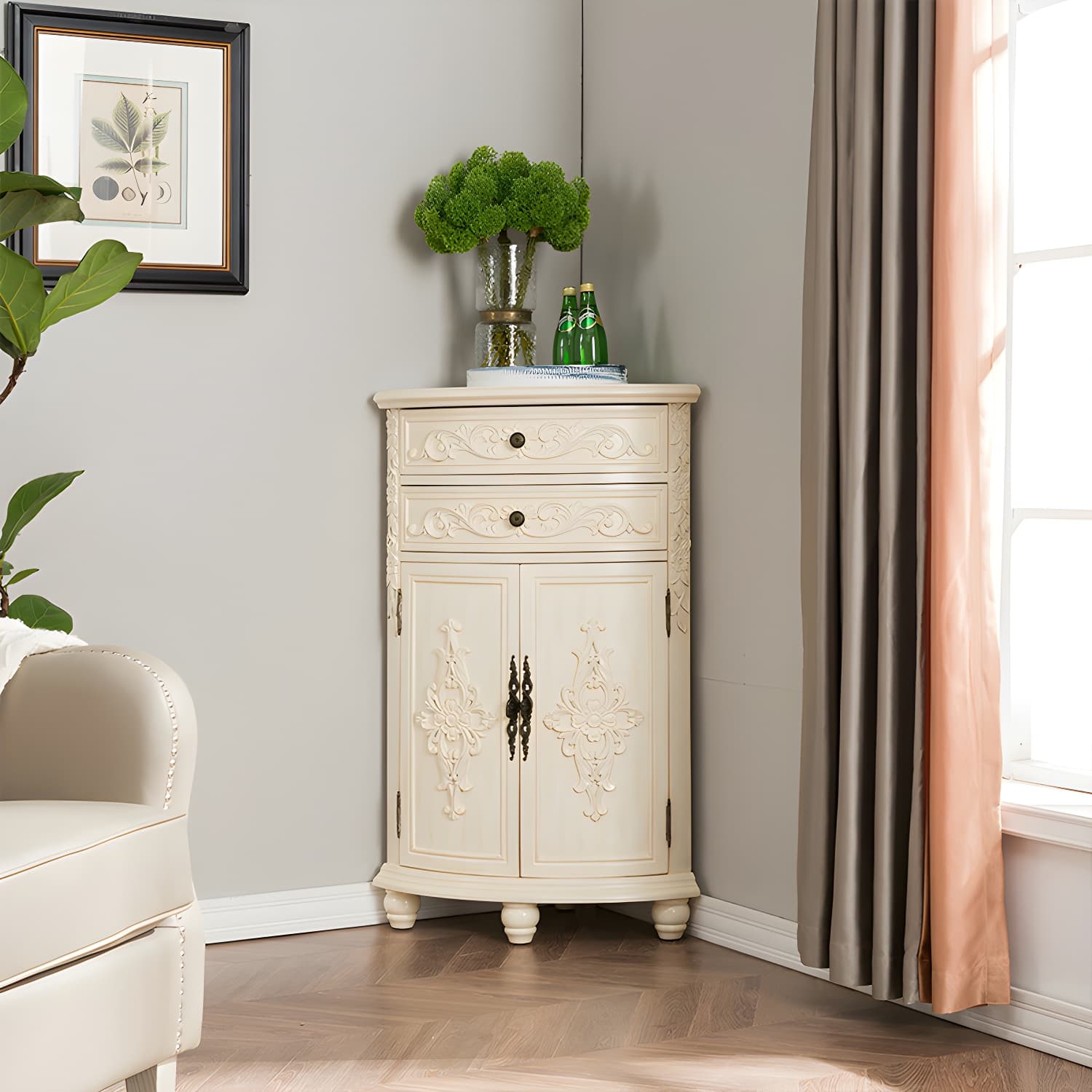 Traditional Bar Pulls Solid Wood Corner Accent Cabinet with Doors - image 6